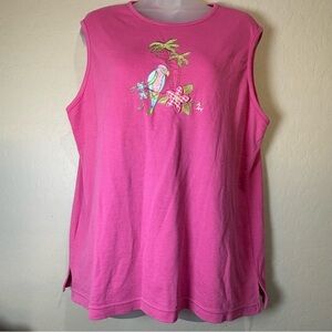 BonWorth Pink Vintage Tank Top with Parrot and Palm Tree Embroidery Women XL